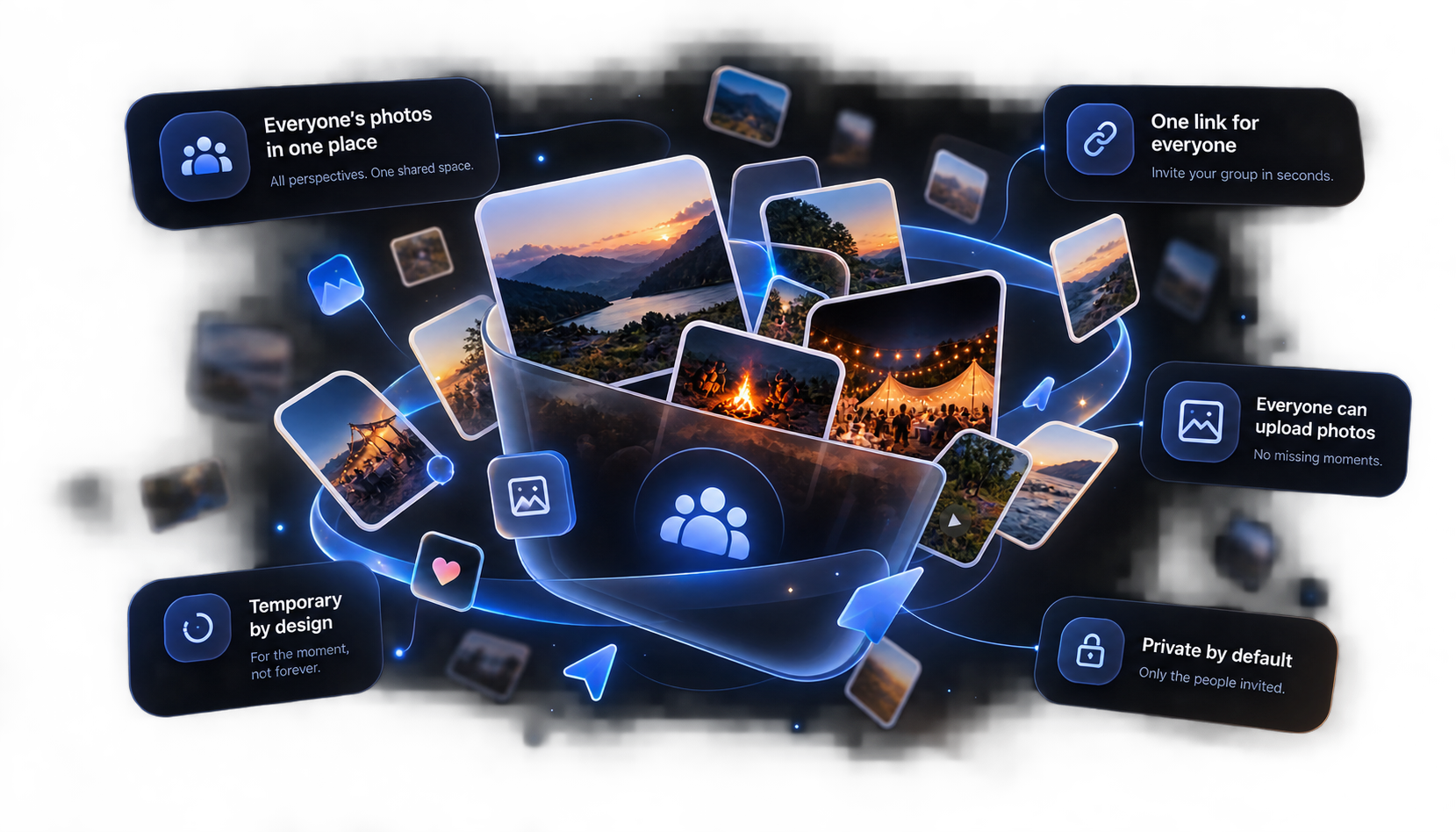 Glowing shared photo gallery with pictures contributed by friends