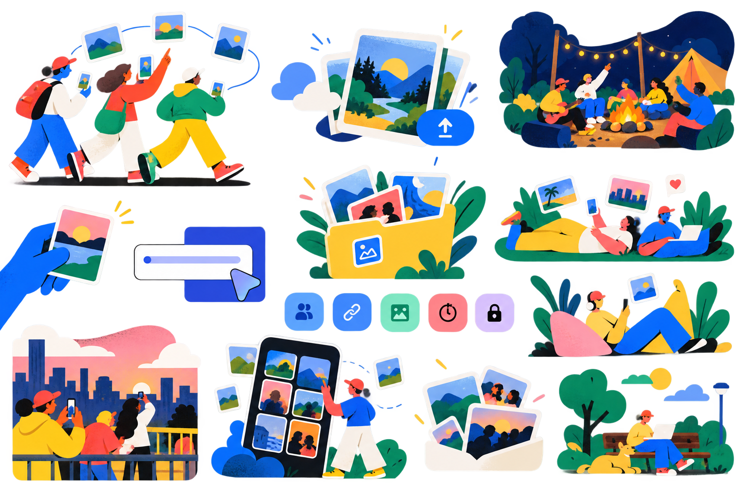 Illustrations of friends sharing photos from a camping trip, city outing, and time together